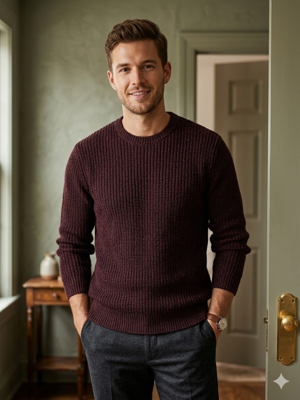 $98 NWT Liverpool Los Angeles | Men’s Ribbed Crewneck Sweater in oxblood L